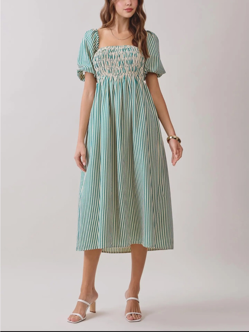 NWOT TCEC Green Striped Puff-Sleeve Midi Dress
